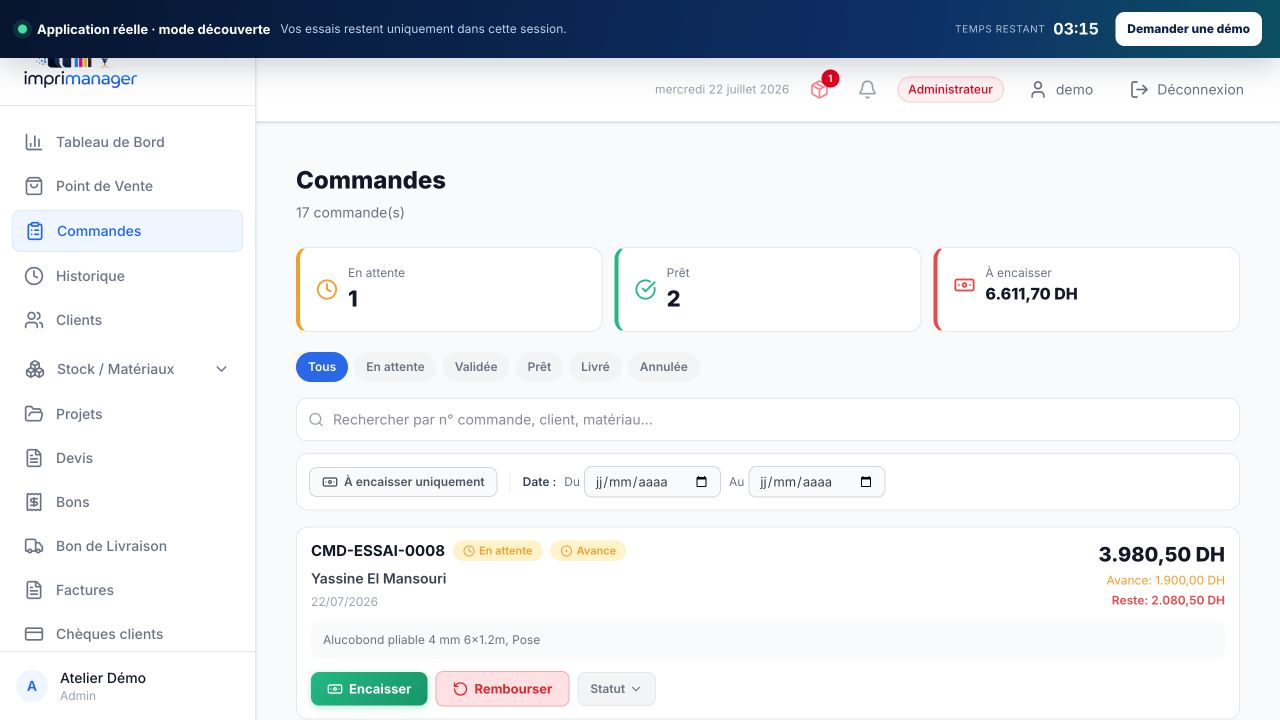 Gestion des commandes, avances et encaissements dans ImpriManager