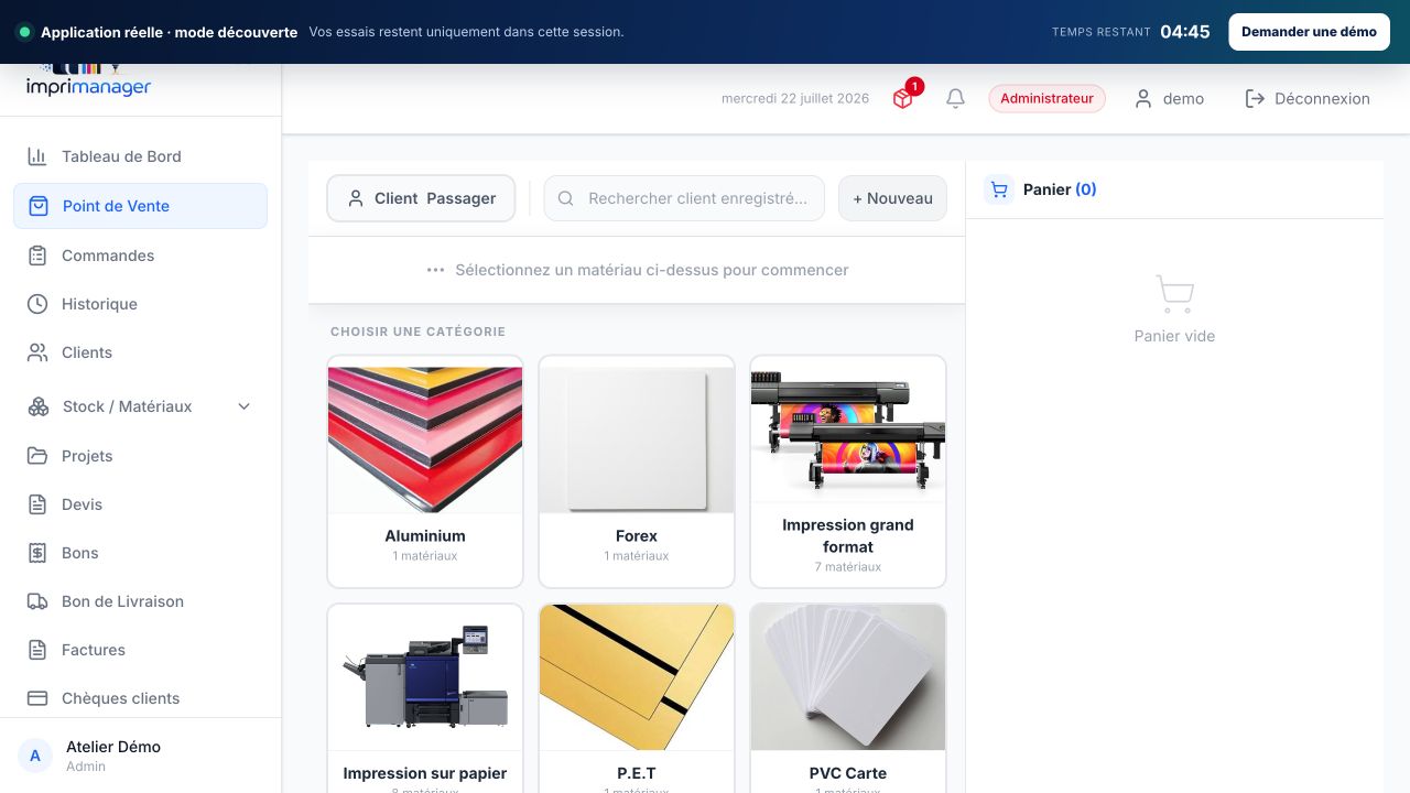 Point de vente ImpriManager avec les photos des catégories et matériaux d’impression