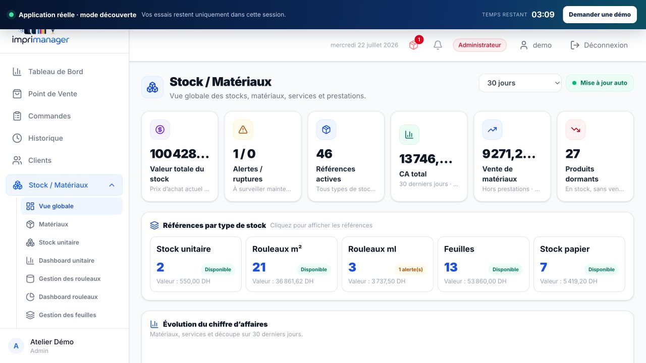 Stocks spécialisés rouleaux, feuilles et papier dans ImpriManager